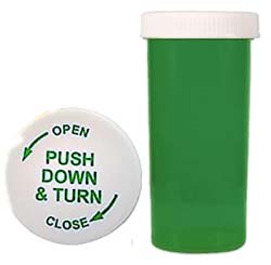 Green Pill Vials - Child Resistant Lids & 10% snap-on lids.